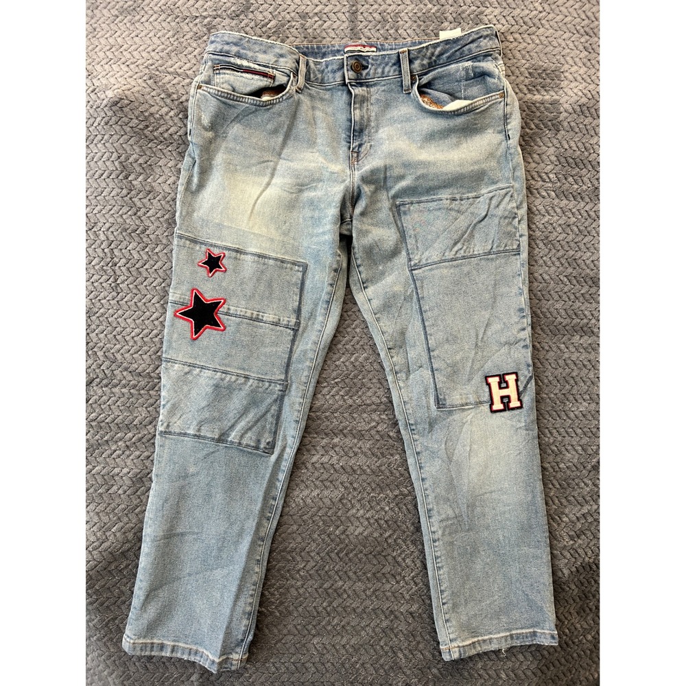 Tommy Hilfiger Women Boyfriend Jeans Size 14 Light Wash Star Patch Americana Y2K